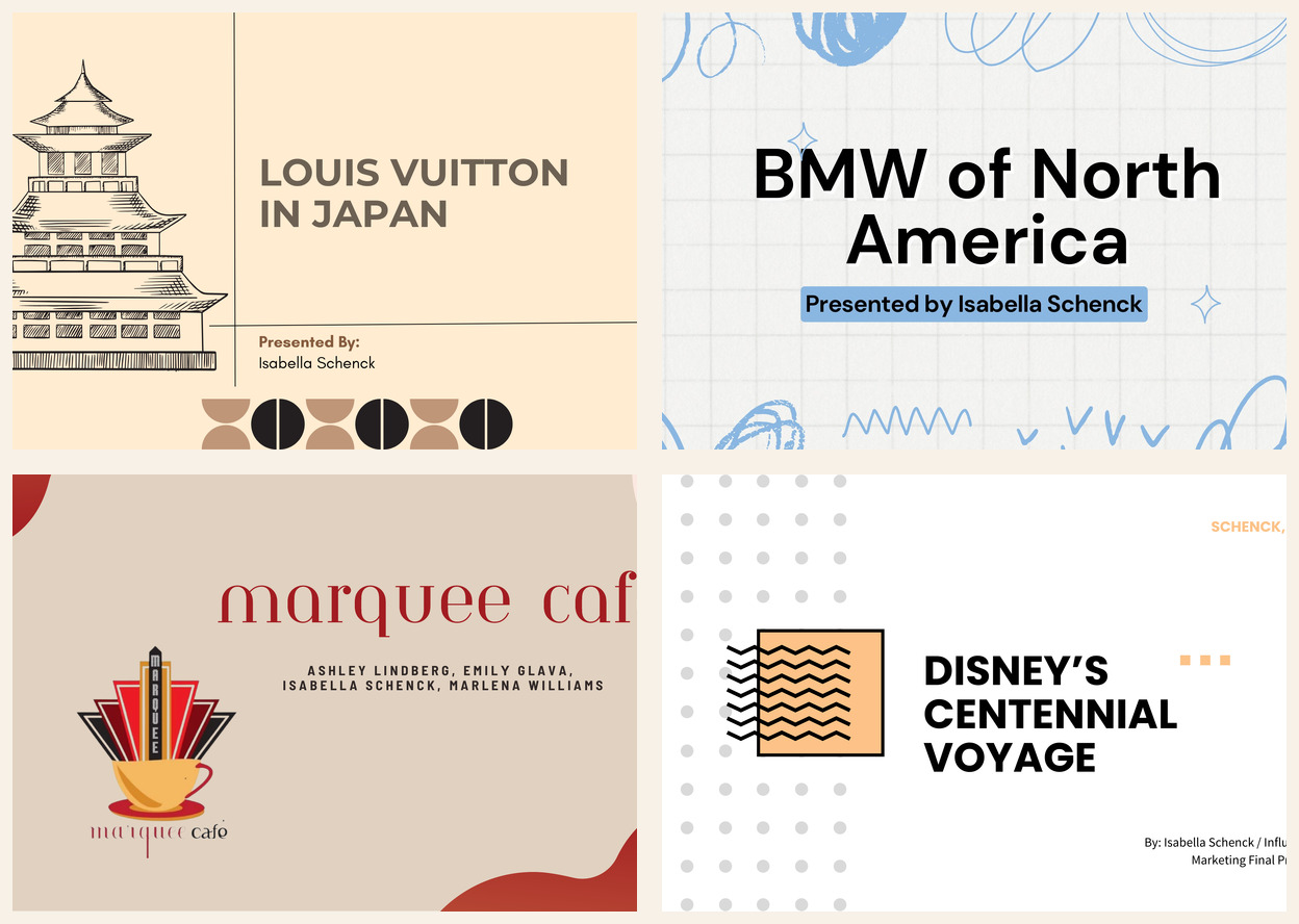 A collage of four Johnson & Wales marketing project presentations
